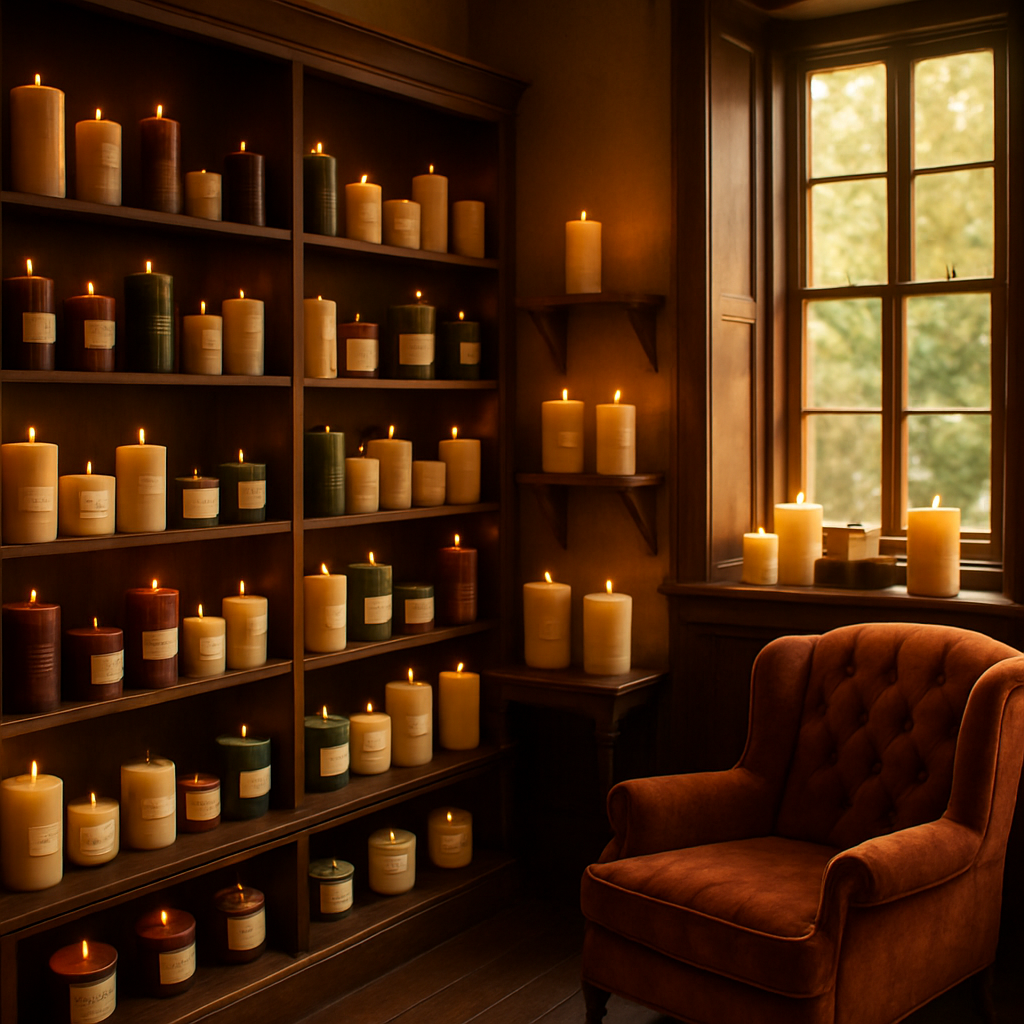 In a quaint luxury candle shop shelves are adorned with artisan candles of various shapes and sizes each delicately labeled with elegant fonts Soft go-1