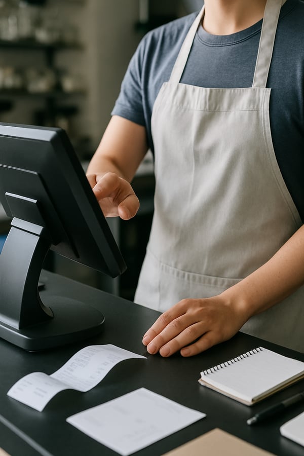 photographic The image depicts a person in an apron interacting with a touchscreen pointofsale system at a counter You can only see the persons hand a-3