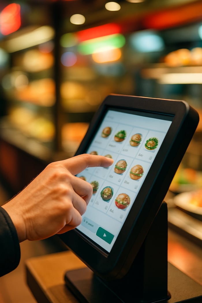 photographic The image shows a closeup of a hand interacting with a touchscreen kiosk or tablet likely in a restaurant or food service setting The scr