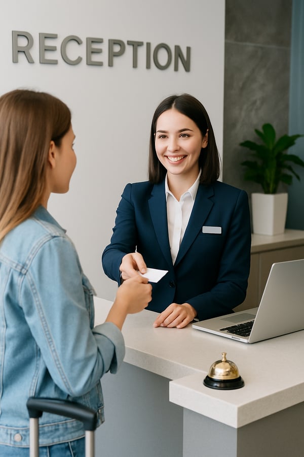 photographic person being served at hotel reception desk not brown colours