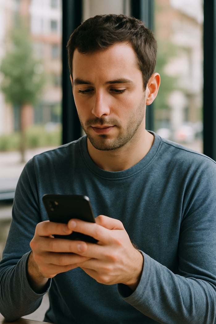 photographic person typing on phone looking at it Dont just use brown colours and dont do a huge close up
