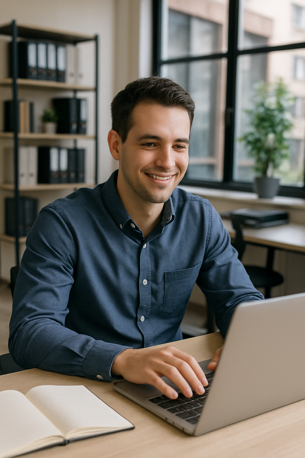 photographic person working on laptop in office not looking miserable
